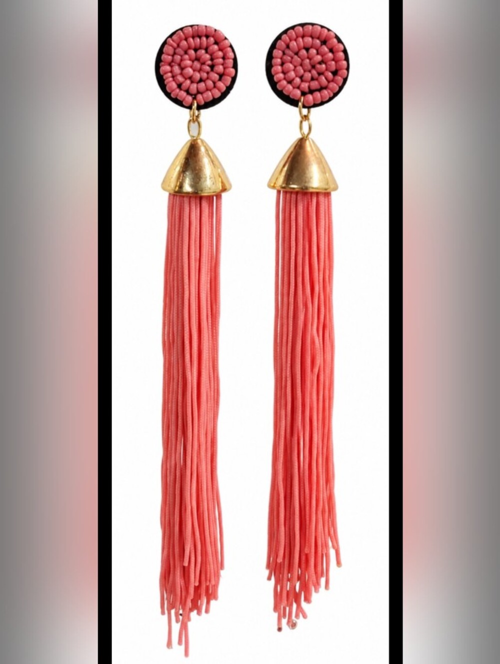 Coral Beaded Tassel Drop Earrings with Gold Tone Accent